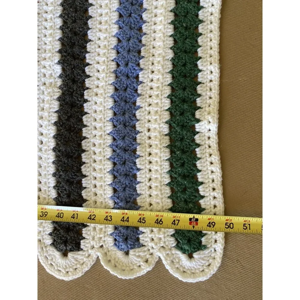 Striped Crochet Afghan Blanket Throw 60x50 Handmade Vintage Scalloped Edge‎